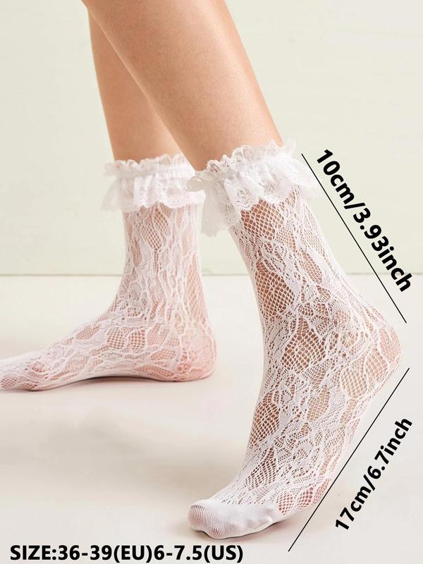 Women's 2 Pairs Contrast Lace Hollow Out Sheer Crew Socks, Fashion Casual Comfy Breathable Ruffle Trim Socks for Daily Outdoor Wear, Ladies Socks for Summer