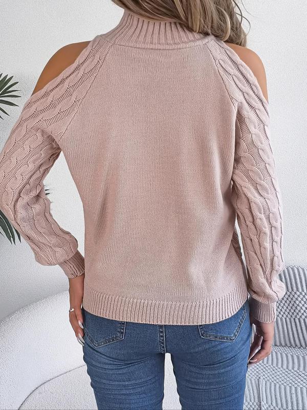 Women's Plain Cut Out Cold Shoulder  Cable Knit Sweater, Casual Long Sleeve Jumper for Fall & Winter, Fashion Ladies' Knitwear for Daily Wear