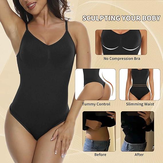 Women Bodysuit V Neck Sleeveless Slim Fit Full Body Shaper Thong Bodysuit Tops