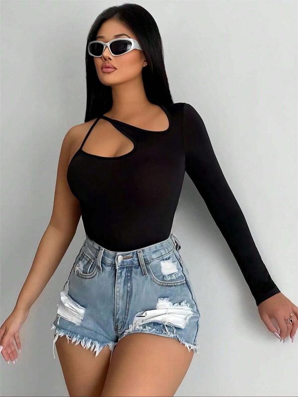 Women's Plain Criss Cross Backless Cut Out One Shoulder Crop Tee, Asymmetrical Neck Long Sleeve T-Shirt for Summer, Ladies Clothes for Daily Wear