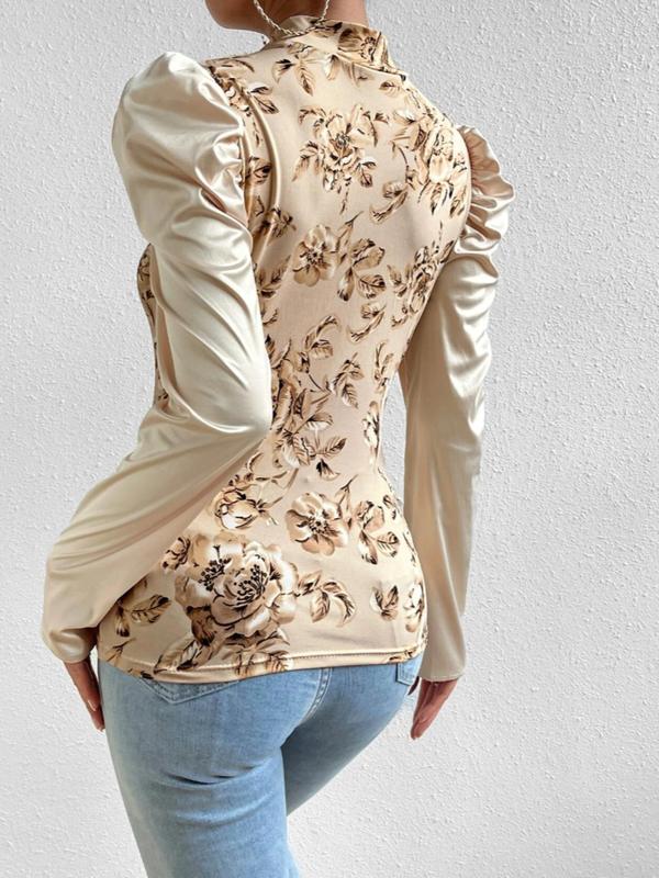 Women's Floral Print Leg-of-mutton Sleeve Tee, Elegant Fashion Casual Stand Collar T-shirt for Daily Outdoor Wear, Women Clothing for All Seasons