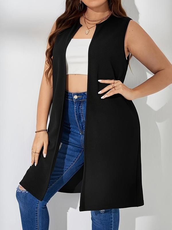  Solid Color Open Front Waistcoat, Casual Sleeveless Longline Outerwear for Spring & Fall, Women's Clothes for Daily Wear