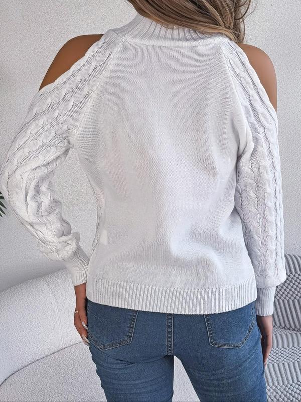 Women's Plain Cut Out Cold Shoulder  Cable Knit Sweater, Casual Long Sleeve Jumper for Fall & Winter, Fashion Ladies' Knitwear for Daily Wear