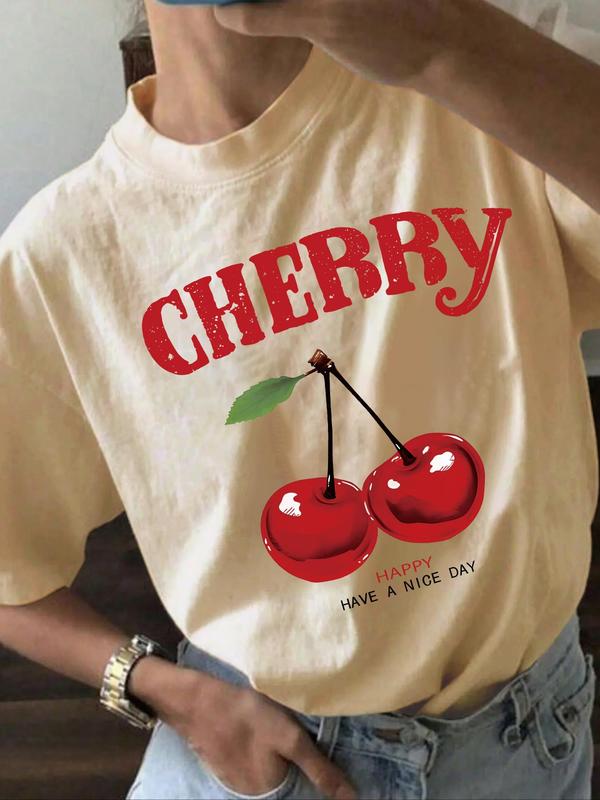 Women's Cherry & Letter Print Drop Shoulder Tee, Trendy Short Sleeve Round Neck T-Shirt, Ladies Clothes for Daily Wear