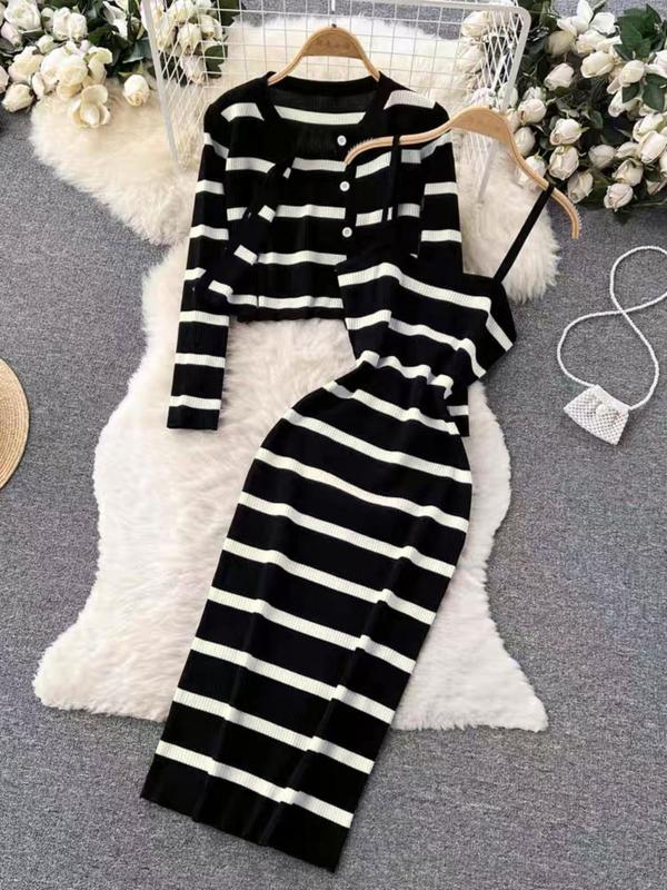 Women's Striped Print Button Front Crop Outwear & Cami Dress Two-piece Set, Casual Drop Shoulder Long Sleeve Cardigan & Bodycon Dress, 2 Piece Sets Women, Ladies Fall & Winter Clothes