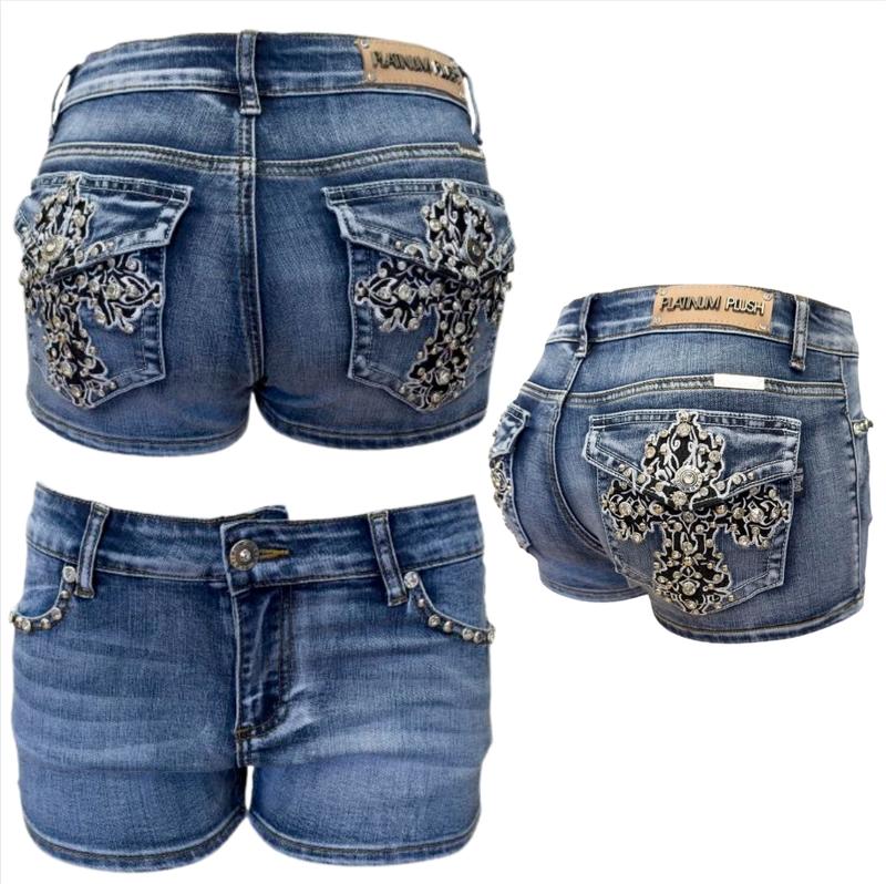 McBling Denim Shorts Y2K Mid Waist Skull Wing Cross Plus Size Stretchy biker rocker vintage Rock  rhinestone vaquera Retro Embroidered street Women