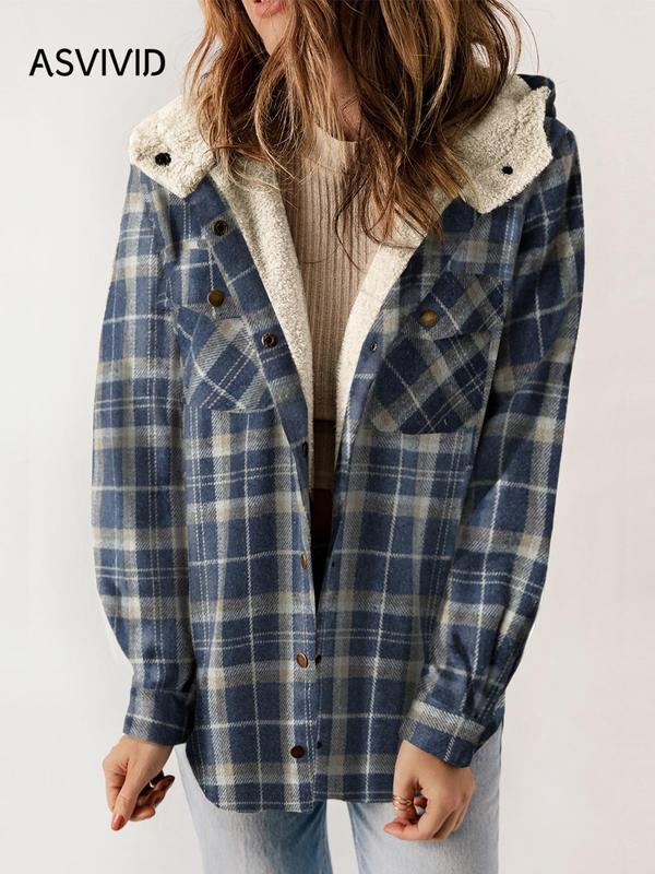 Women's Plaid Print Button Front Hooded Coat, Casual Mufti Clothes, Long Sleeve Pocket Coat for Fall, Ladies Outerwear for Daily Wear, Fall Outfits, Fallfreshness, Halloween, Halloween Costume