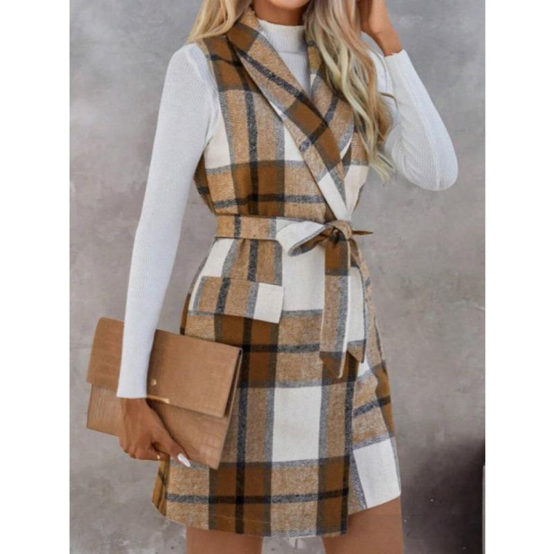 Autumn and Winter Check Tweed Vest Female Suit Collar Sleeveless Cardigan Mid-Length Coat