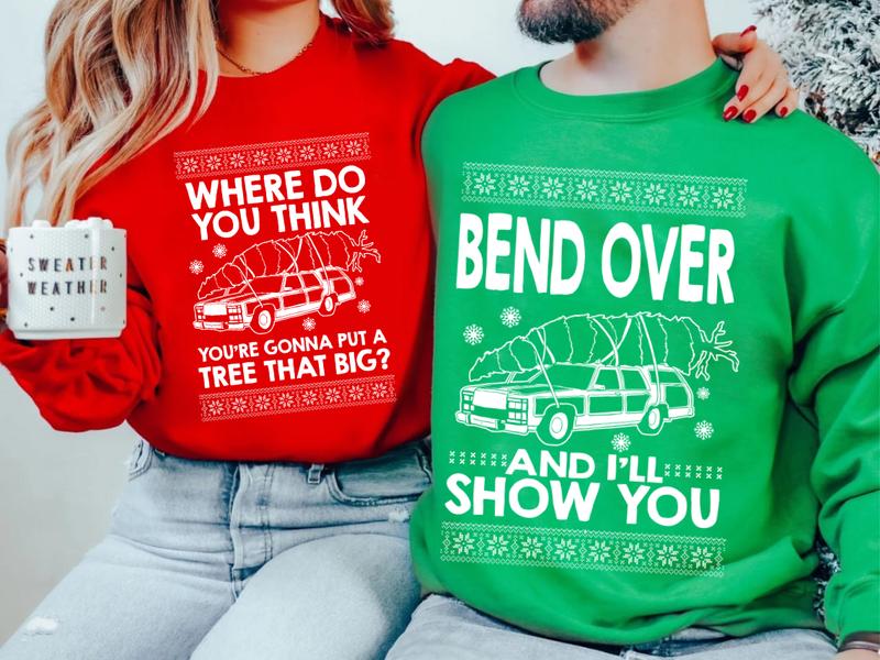 Bend Over and I'll Show You Christmas Couple Matching T-Shirt, Griswold Family Shirt, Cute Christmas Tree T-Shirt, Christmas Vacation Shirt