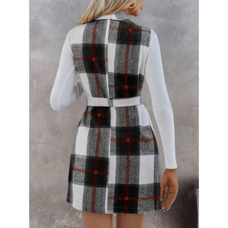 Autumn and Winter Check Tweed Vest Female Suit Collar Sleeveless Cardigan Mid-Length Coat