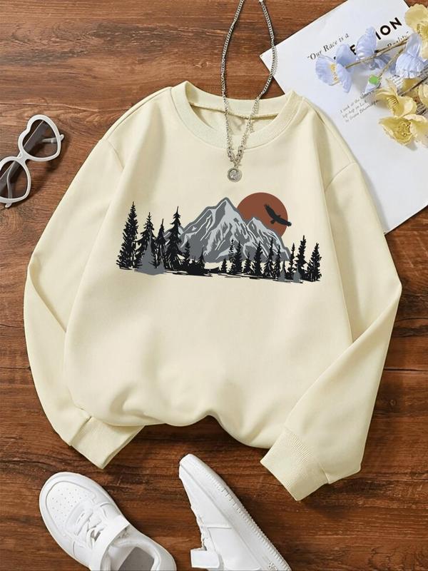 Women's Mountain & Moon Print Drop Shoulder Sweatshirt, Casual Long Sleeve Round Neck Pullover for Fall & Winter, Ladies Clothes for Daily Wear