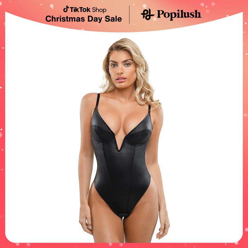 The Popilush Deep V-Neck Leather Shapewear Thong Bodysuit