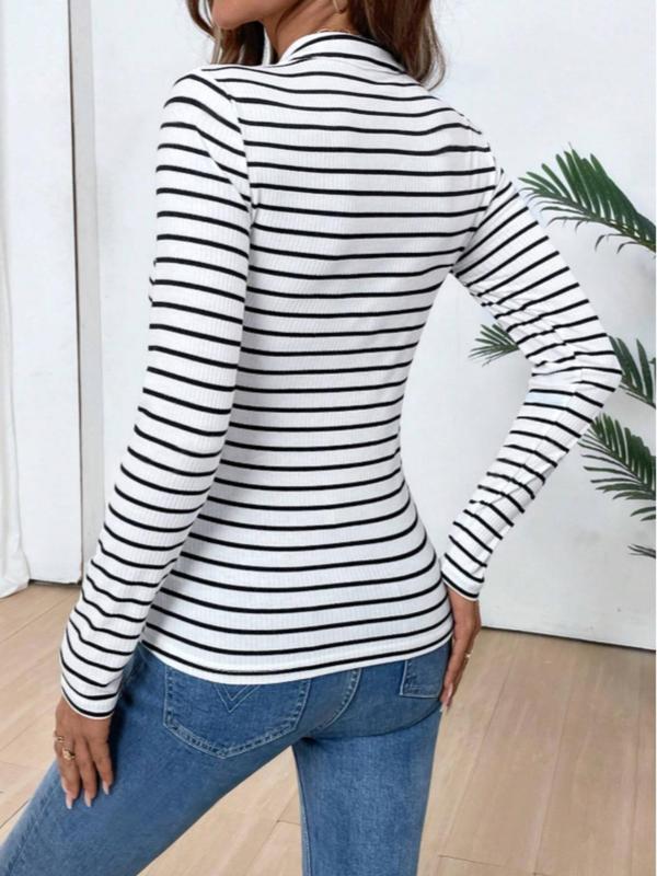 Women's Striped Print Button Front Tee, Casual Long Sleeve Notched Neck Top for Spring & Fall, Women's Clothing for Daily Wear