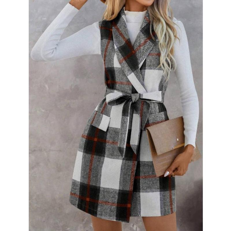 Autumn and Winter Check Tweed Vest Female Suit Collar Sleeveless Cardigan Mid-Length Coat