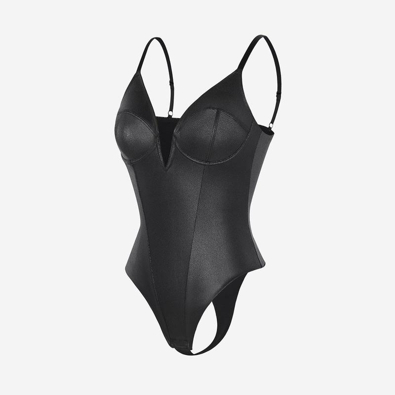 The Popilush Deep V-Neck Leather Shapewear Thong Bodysuit