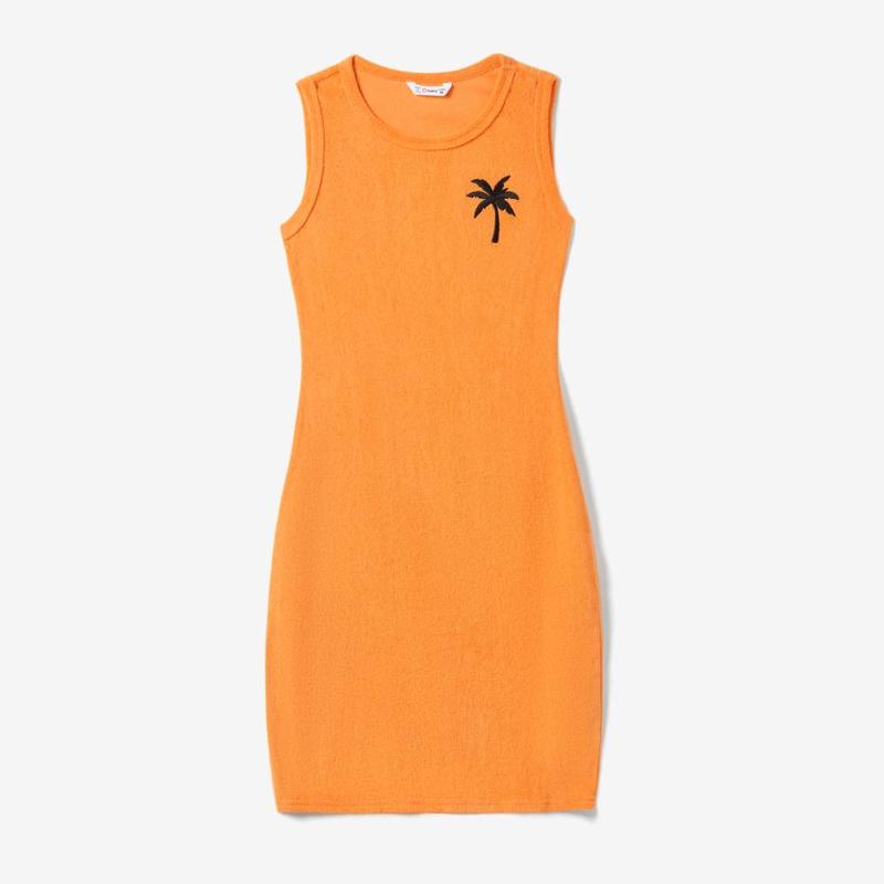 PatPat Family Matching Orange Terry Tank Top and Bodycon Tank Dress Sets