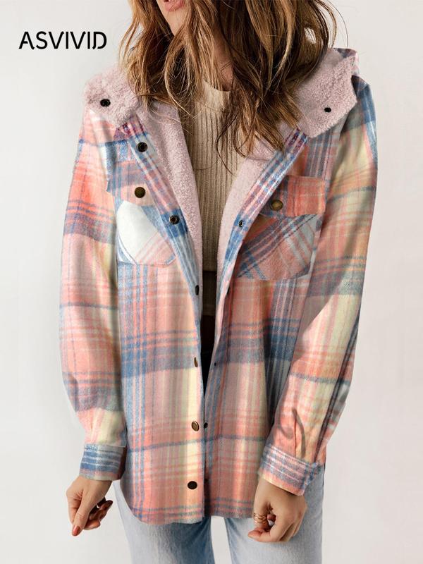 Women's Plaid Print Button Front Hooded Coat, Casual Mufti Clothes, Long Sleeve Pocket Coat for Fall, Ladies Outerwear for Daily Wear, Fall Outfits, Fallfreshness, Halloween, Halloween Costume