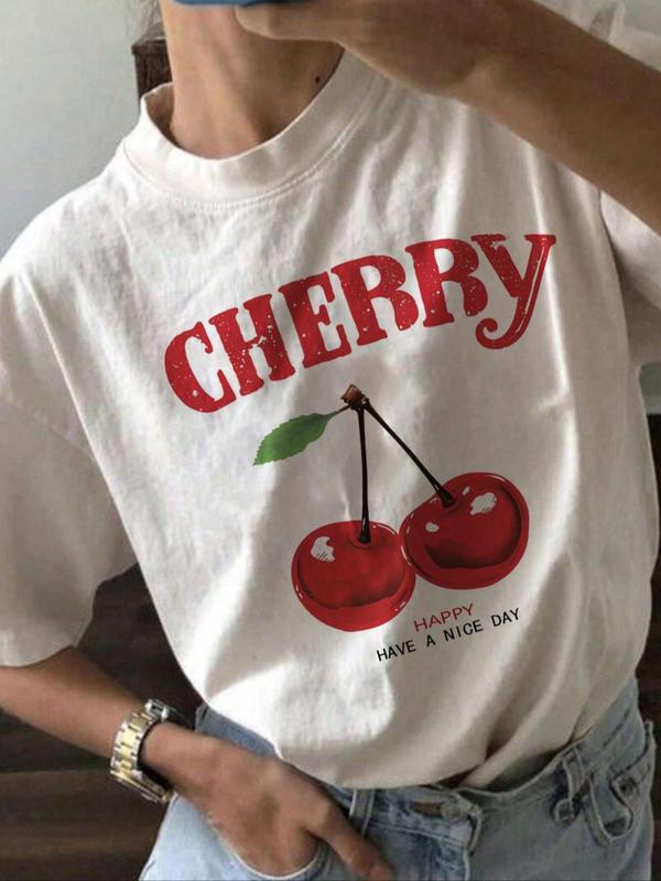 Women's Cherry & Letter Print Drop Shoulder Tee, Trendy Short Sleeve Round Neck T-Shirt, Ladies Clothes for Daily Wear