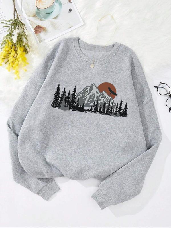 Women's Mountain & Moon Print Drop Shoulder Sweatshirt, Casual Long Sleeve Round Neck Pullover for Fall & Winter, Ladies Clothes for Daily Wear