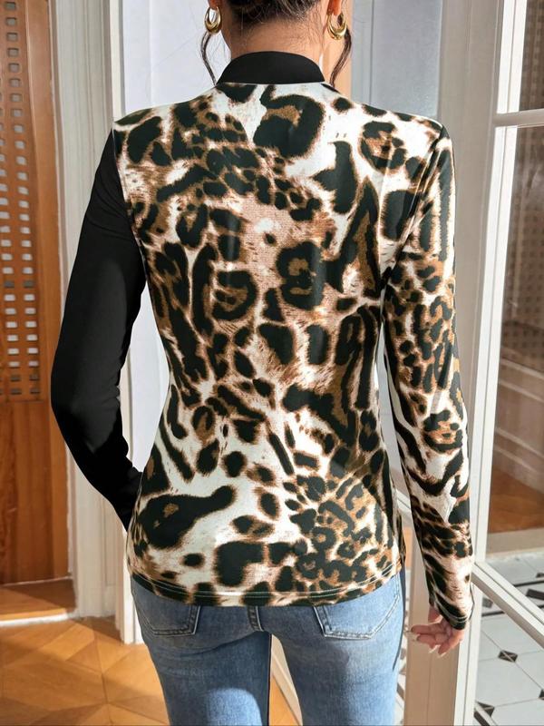 Women's Leopard Print Button Front Tee, Casual Long Sleeve Stand Collar T-Shirt for Fall & Winter, Women's Clothing for Daily Wear