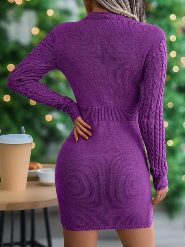 Women's Textured Cut Out Round Neck Sweater Dress, Casual Long Sleeve Crew Neck Bodycon Knit Dress for Fall & Winter, Women's Knitwear for Daily Wear