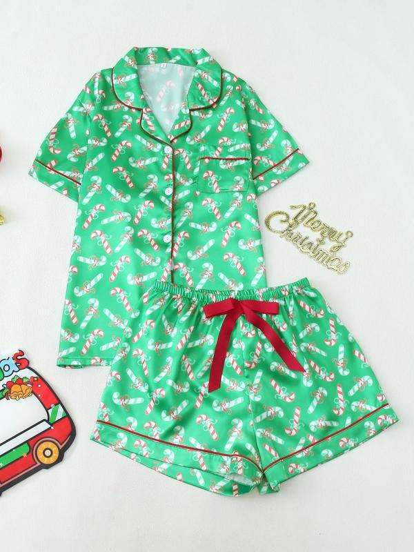 Two-piece Set Women's Christmas Print Bow Decor Lapel Neck Pajama, Casual Comfy Short Sleeve Button Up Top & Elastic Waist Shorts Pj Set, Ladies Sleepwear for All Seasons