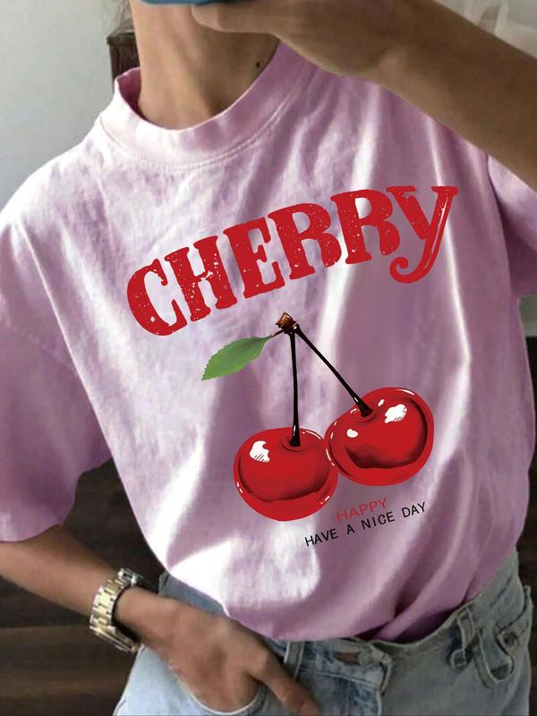 Women's Cherry & Letter Print Drop Shoulder Tee, Trendy Short Sleeve Round Neck T-Shirt, Ladies Clothes for Daily Wear