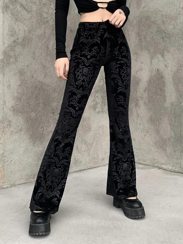 Women's Ethnic Pattern Elastic Waist Flare Leg Pants, Comfort Womenswear for Lady, Fall Clothes, Casual Comfy Bell Bottom Velvet Trousers for Fall, Pants for Women, Ladies Bottoms for Daily Wear, Fall Outfits, Fallfreshness