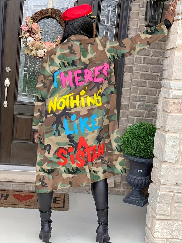 Women's Camo & Letter Print Lapel Trench Coat, Coats for Women, Casual Fashion Long Sleeve Open Front Coat for Daily Outdoor Wear,  Winter Clothes Women, Ladies Clothes for All Seasons