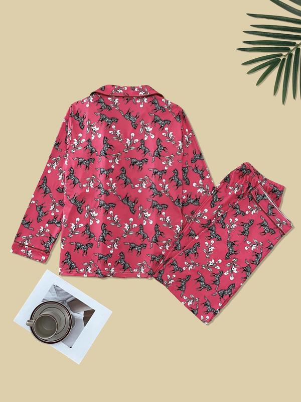 Two-Piece Set Women's Floral & Horse Print Pyjama, Casual Comfy Pocket Button Front Lapel Shirt & Elastic Waist Pants PJ Set, Women's Sleepwear for Fall & Winter