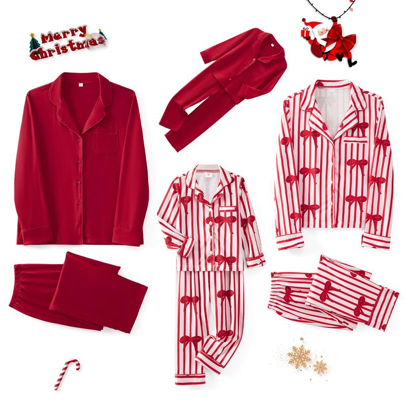 New Red Christmas Pajamas For Family Lapel Neck Button-up Long Sleeve Tops Long Pants 2-Piece Bow Solid Color Loungewear Outfit