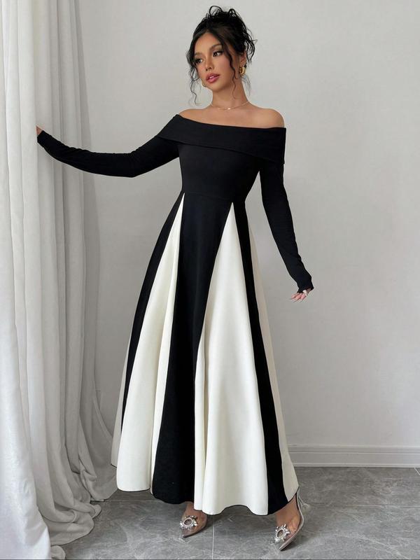 Women's Colorblock Off Shoulder A Line Dress, Elegant Long Sleeve Dress for Party Holiday Wedding Guest, Ladies Spring & Fall Clothes