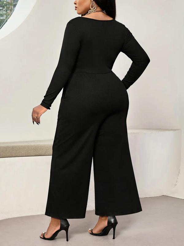 CURVZY Plus Size Solid Square Neck Wide Leg Jumpsuit, Casual Long Sleeve Jumpsuit for Fall & Winter, Women's Clothes for Daily Wear