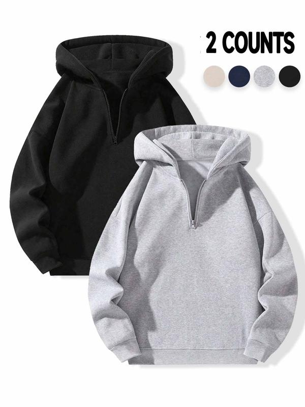 Women's Solid Drop Shoulder Half Zip Thermal Lined Hoodie, Casual Long Sleeve Hooded Sweatshirt for Fall & Winter, Women's Clothes for Daily Wear