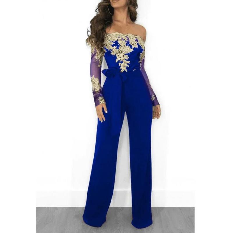 Womens Elegant Off Shoulder Long Pants Wide Leg Jumpsuits Floral Embroidery Lace See Through Cocktail Club Party Evening Rompers