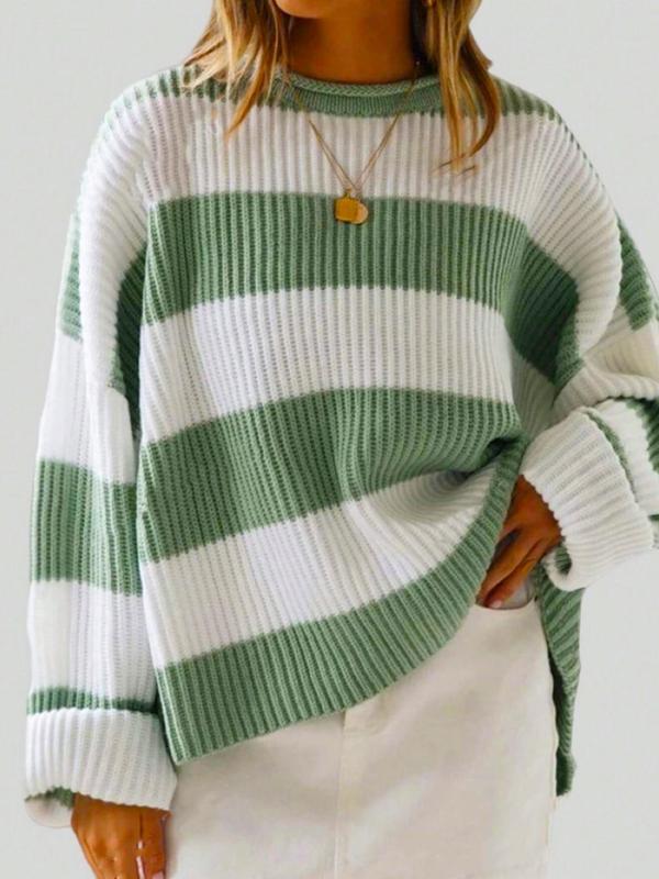 Women's Colorblock Striped Print Drop Shoulder Sweater, Fall Outfits, Casual Long Sleeve Round Neck Jumper for Fall, Fashion Ladies' Knitwear for Daily Wear, Preppy 80s Clothes