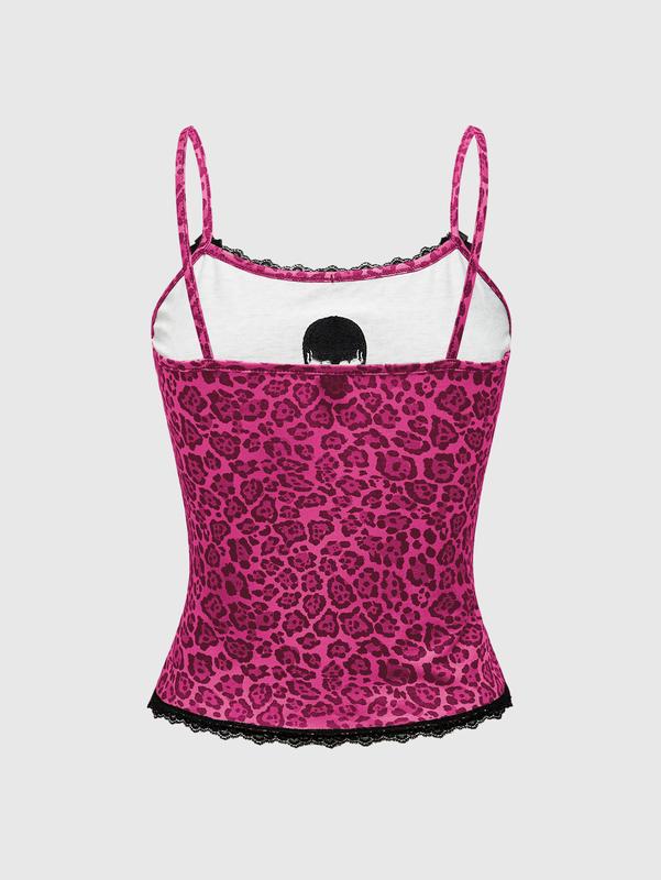 ROMWE Kawaii Y2K Style Abby PUNK Pink Leopard Lace & Skull Embroidered Women Tank Top Edgy & Cute Casual Fit