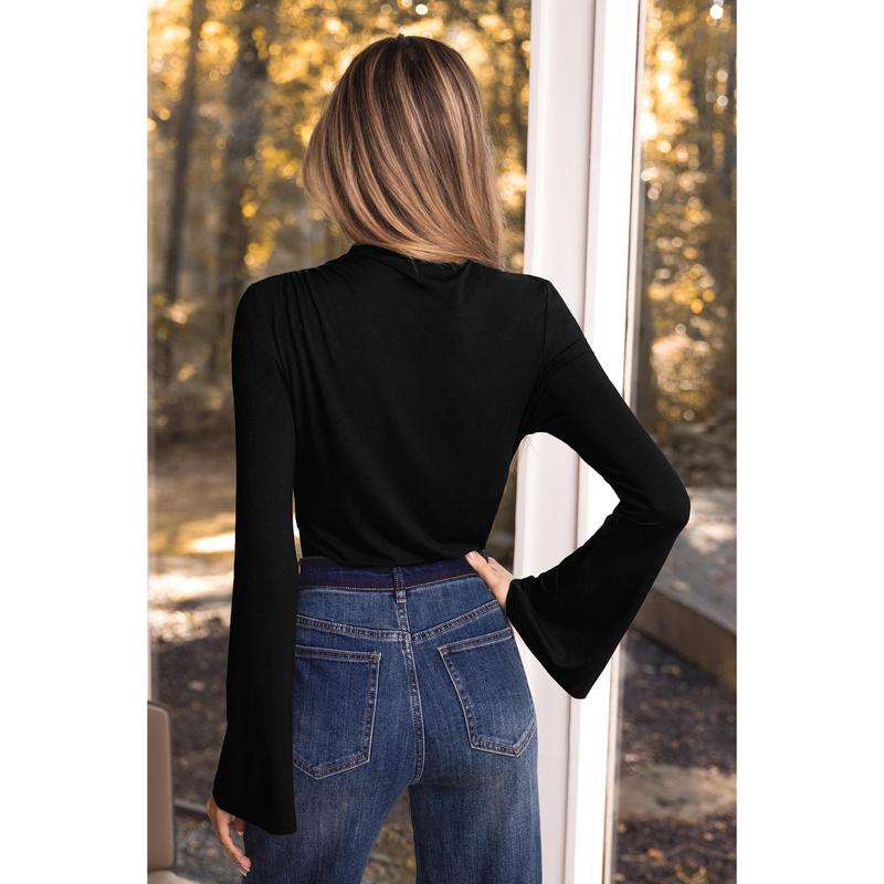 Black Mockneck Flared Long Sleeve Bodysuit - 2024 Fall Fashion, Perfect for any occasion, Women's Clothing D-C