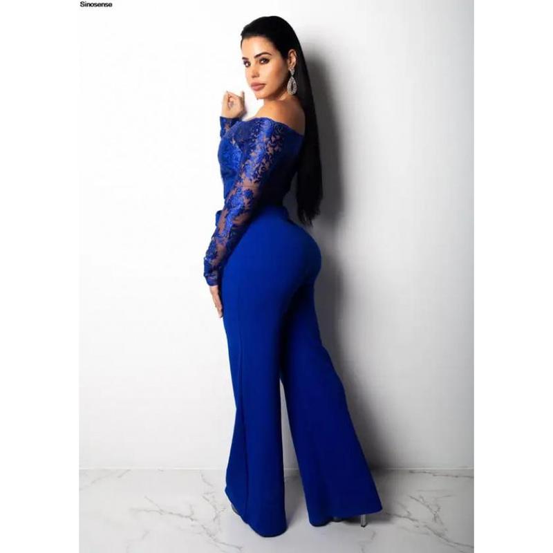 Womens Elegant Off Shoulder Long Pants Wide Leg Jumpsuits Floral Embroidery Lace See Through Cocktail Club Party Evening Rompers