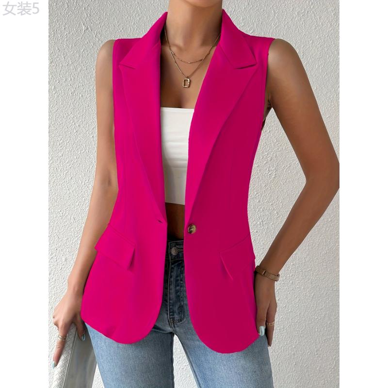 Elegant Sleeveless Lapel Vest - Ladies Blazer with Button Front, Solid Color, Perfect for Spring & Fall, Women's Fashion Clothing for Chic Look Fabric Womenswear Polyester Tops Comfort Collar