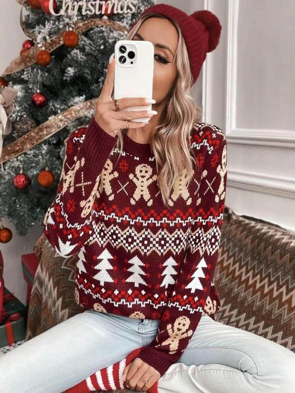 Women's All Over Christmas Print Round Neck Sweater, Casual Long Sleeve Crew Neck Jumper for Fall & Winter, Fashion Ladies' Knitwear for Daily Wear