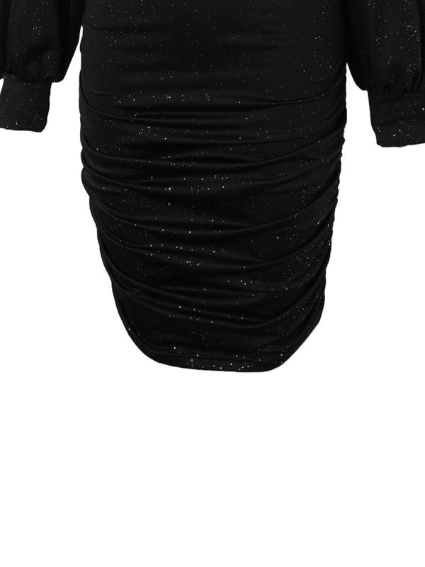 Women's Glitter Ruched Contrast Mesh Bodycon Dress, Elegant Bishop Sleeve V Neck Short Dress for Party Club Dating Wear, Ladies Clothes for All Seasons