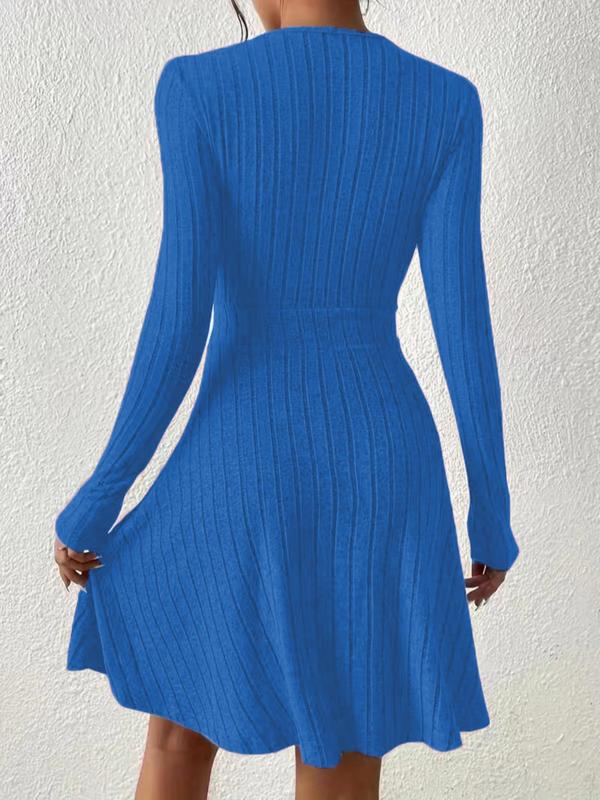 Plus Plain Wrap Deep V Neck Ribbed A Line Dress, Women's Elegant Long Sleeve Dress For Daily Commute Office Wear, Women Plus Clothing For Fall & Winter