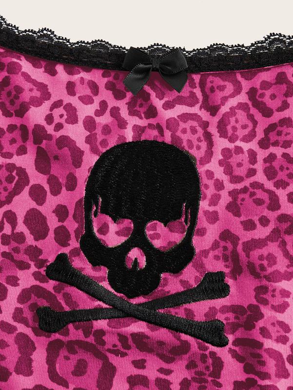 ROMWE Kawaii Y2K Style Abby PUNK Pink Leopard Lace & Skull Embroidered Women Tank Top Edgy & Cute Casual Fit