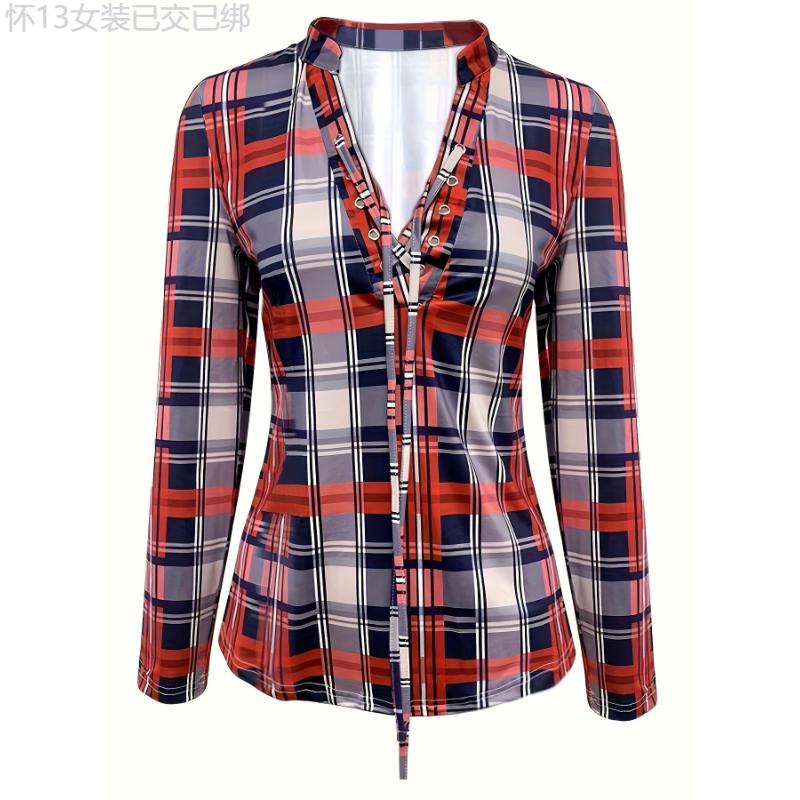 Elegant Plaid V-neck Tie-Front Blouse  Versatile, Breathable & Easy-Care Women's Top for Spring Fall Collar Fabric pleated blouse knitted shirt