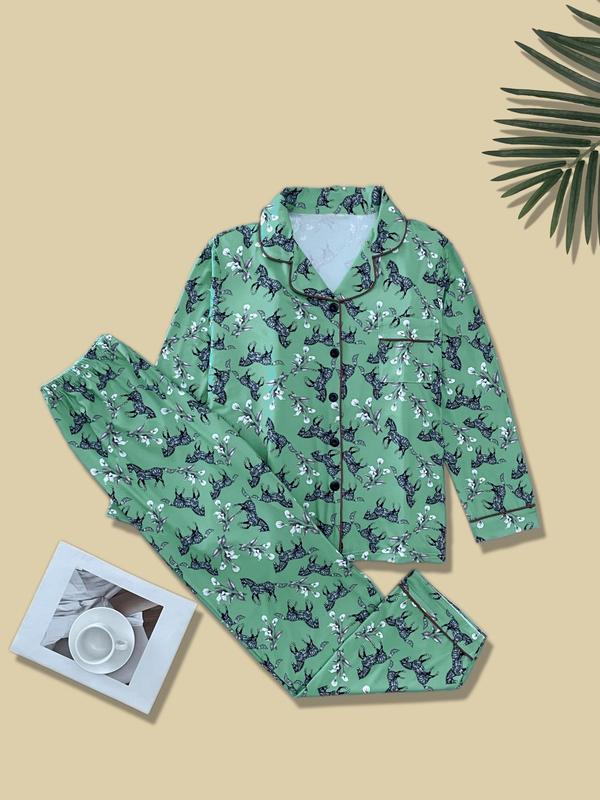 Two-Piece Set Women's Floral & Horse Print Pyjama, Casual Comfy Pocket Button Front Lapel Shirt & Elastic Waist Pants PJ Set, Women's Sleepwear for Fall & Winter