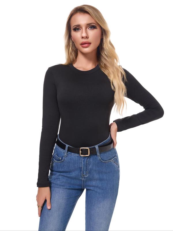 Women's Solid Long Sleeve Round Neck Bodysuit, Casual Basic Tight-fitting Snap Buttons Bodysuit, Ladies Fall & Winter Clothes for Daily Wear