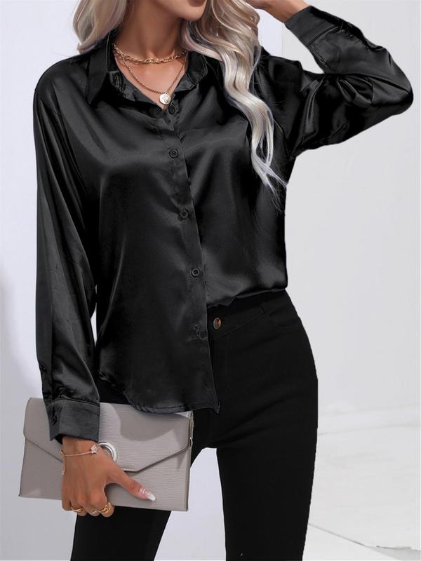 Women's Plain Button Front Satin Shirt, Elegant Long Sleeve Collared Top for Work Office Business, Ladies Clothes for All Seasons