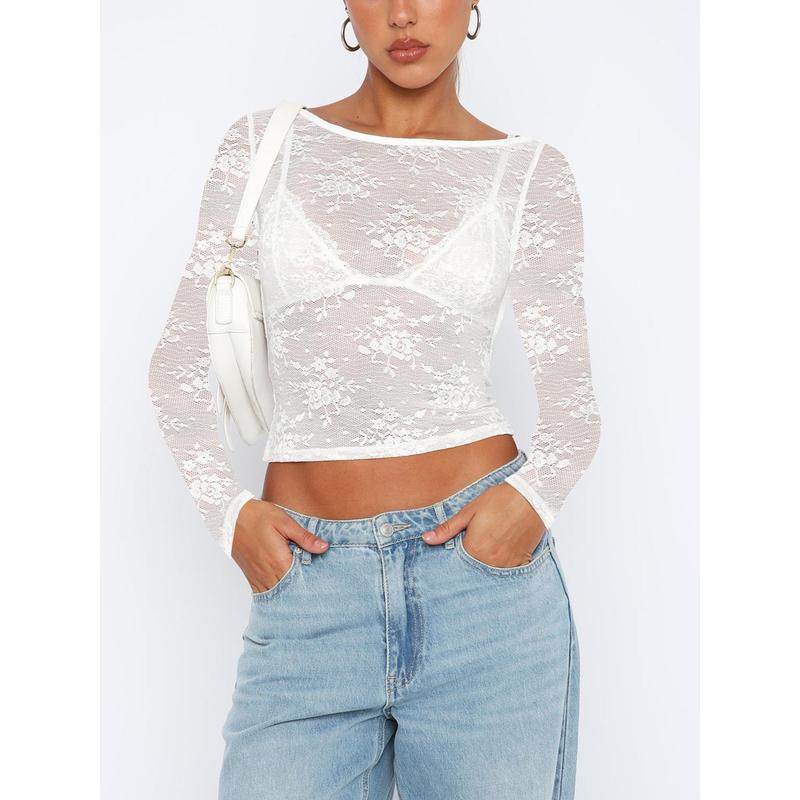 Women´s Summer Sheer Crop Tops Long Sleeve Open Back Lace Floral Slim Going Out Tops White Black Halloween 2024 Costume