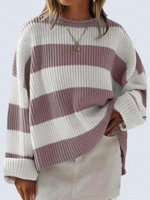 Women's Colorblock Striped Print Drop Shoulder Sweater, Fall Outfits, Casual Long Sleeve Round Neck Jumper for Fall, Fashion Ladies' Knitwear for Daily Wear, Preppy 80s Clothes